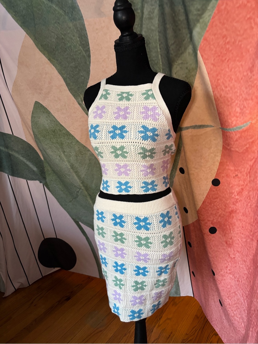 New Crochet Floral Knit Crop Top & Skirt Set - Pastel Blue, Green & Lavender